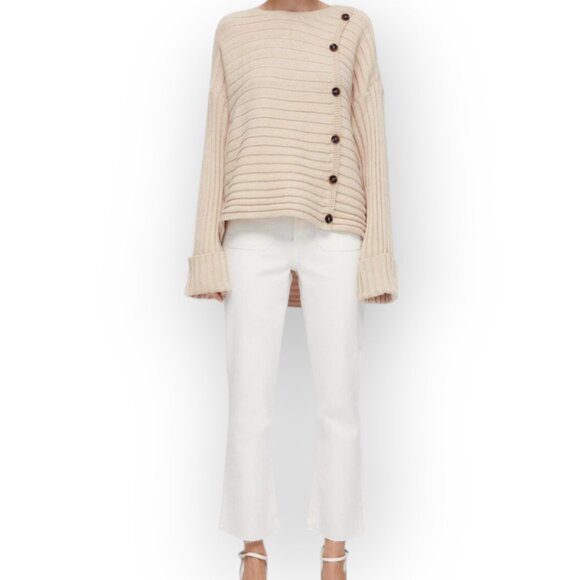 Zara Tan Ribbed Knit Button Detail Oversized High/Low Sweater M - Picture 1 of 11